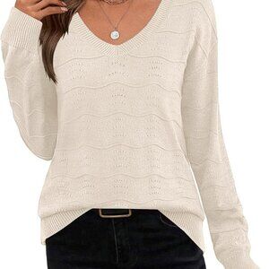 Womens Sweaters Fall Casual Long Sleeve V Neck Shirts Lightweight Crochet Ribbed